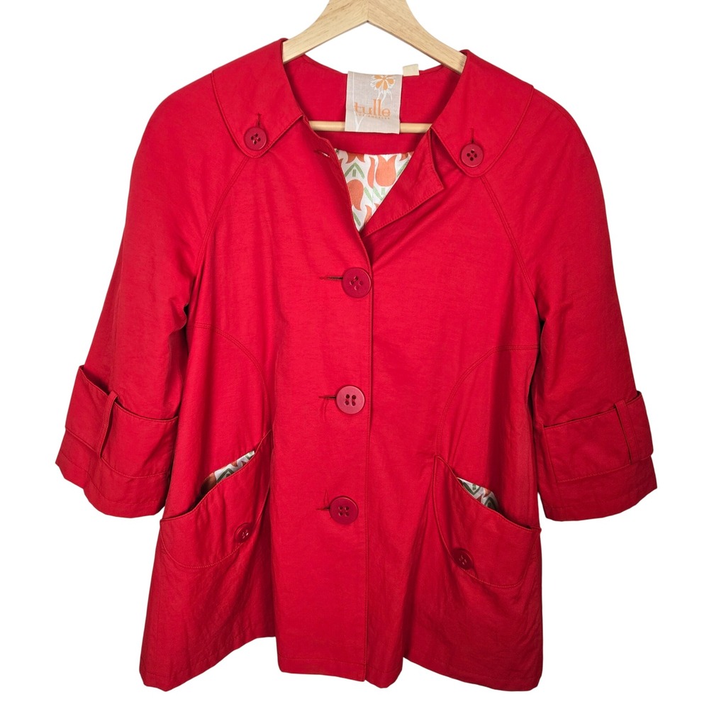 Anthropologie Tulle Cropped Trench Coat Womens XS Red 3/4 Retro Preppy Lined